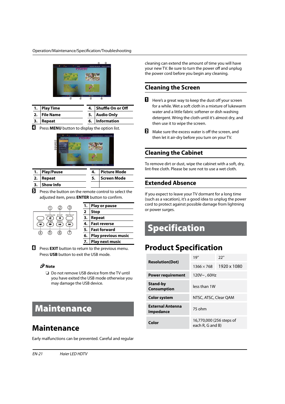 Maintenance, Specification, Product specification | Cleaning the screen, Cleaning the cabinet, Extended absence | haier HL22XSLW2 User Manual | Page 22 / 24