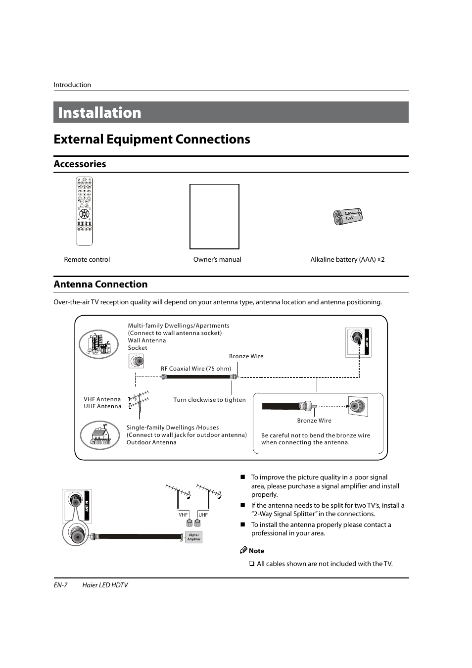 Installation, External equipment connections, Accessories | Antenna connection | haier HL22XSLW2 User Manual | Page 8 / 24