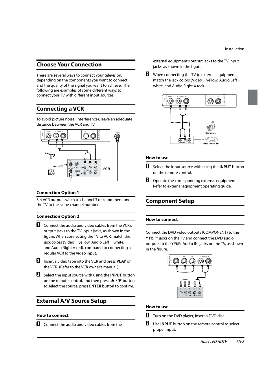Choose your connection, Connecting a vcr, External a/v source setup | Component setup | haier HL22XSLW2 User Manual | Page 9 / 24