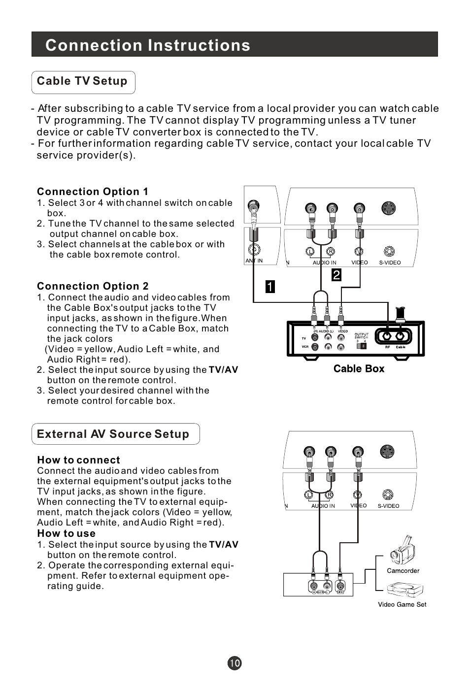 Т³гж 14, Connection instructions, Cable tv setup | External av source setup | haier HLH19W User Manual | Page 14 / 30
