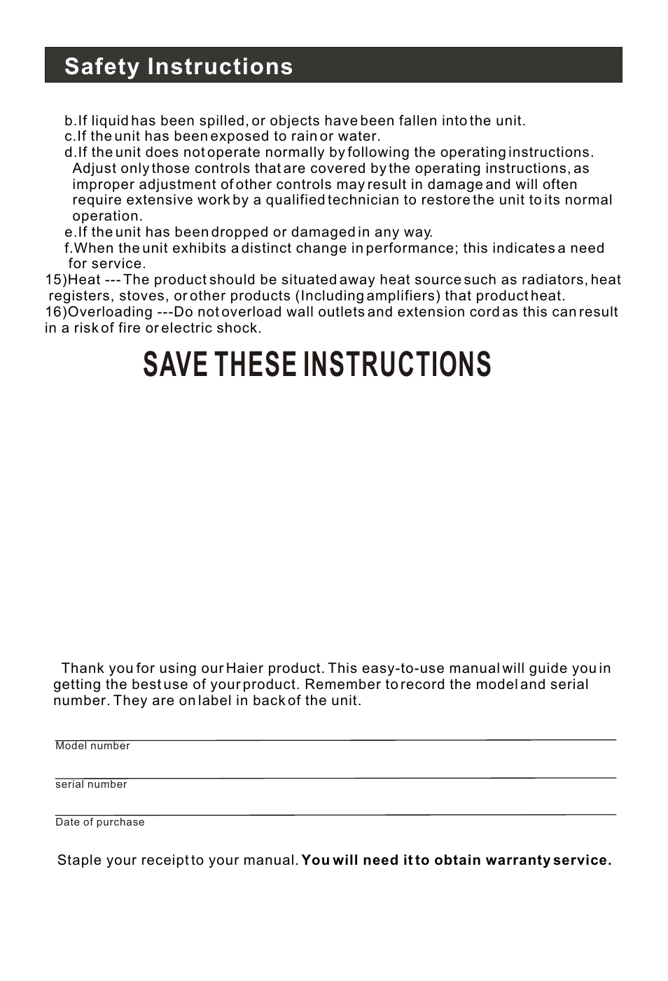 Т³гж 4, Save these instructions, Safety instructions | haier HLH19W User Manual | Page 4 / 30