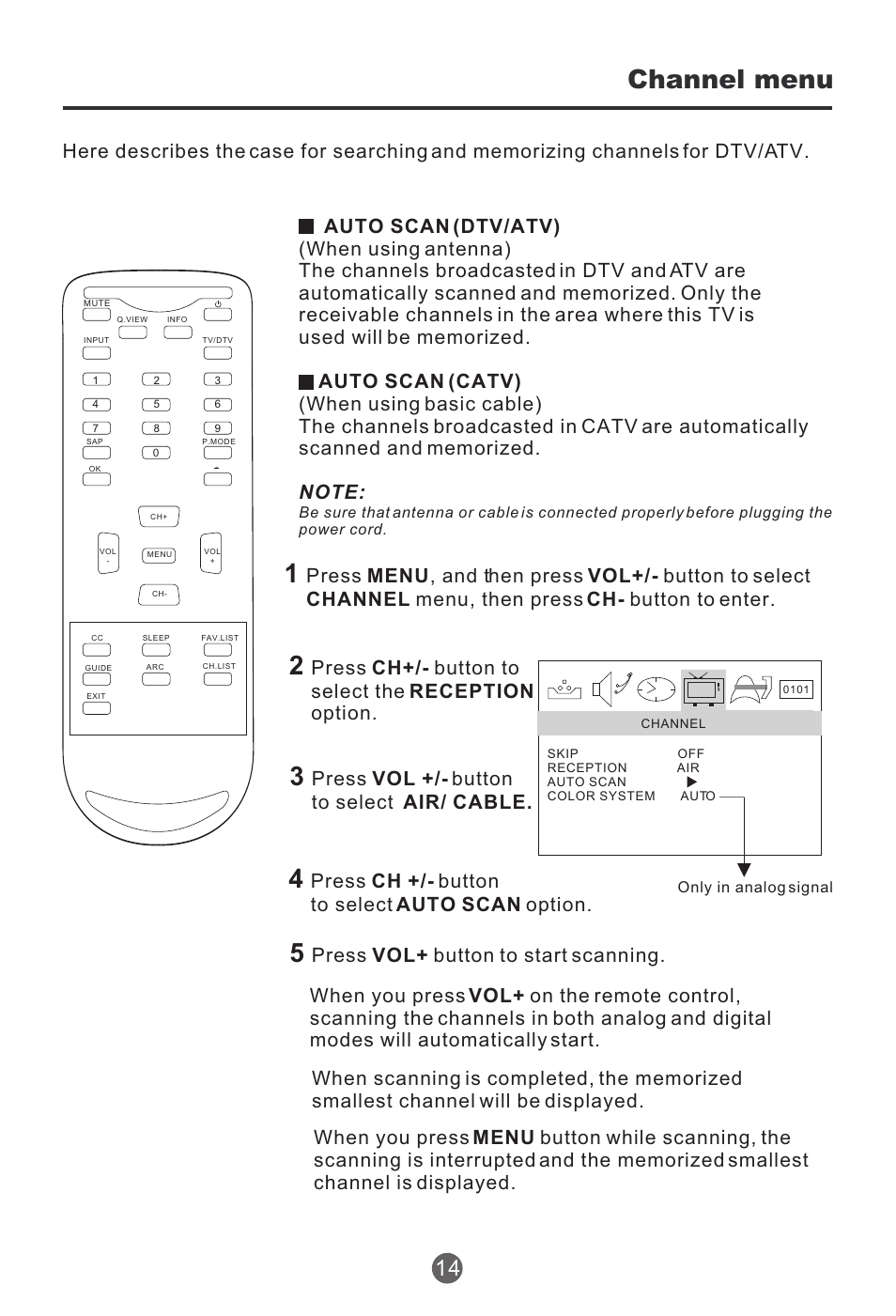 Channel menu, Press ch+/- button to select the reception option, Press vol +/- button to select air/ cable | Press ch +/- button to select auto scan option, Press vol+ button to start scanning | haier HTR13 User Manual | Page 15 / 80