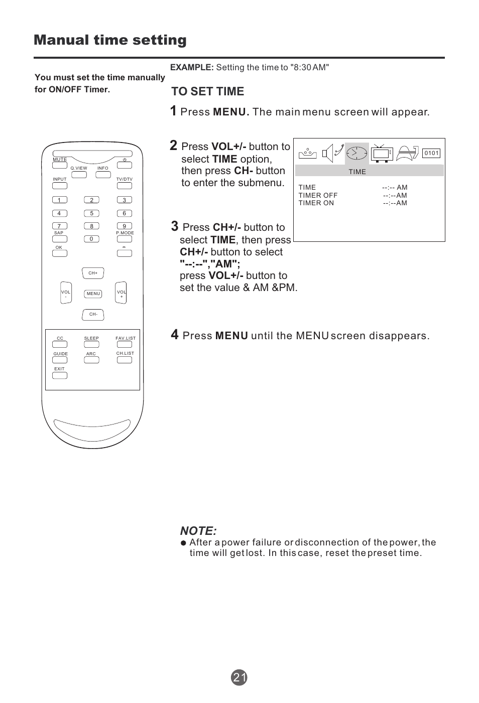Manual time setting, Press menu. the main menu screen will appear, Press menu until the menu screen disappears | haier HTR13 User Manual | Page 22 / 80