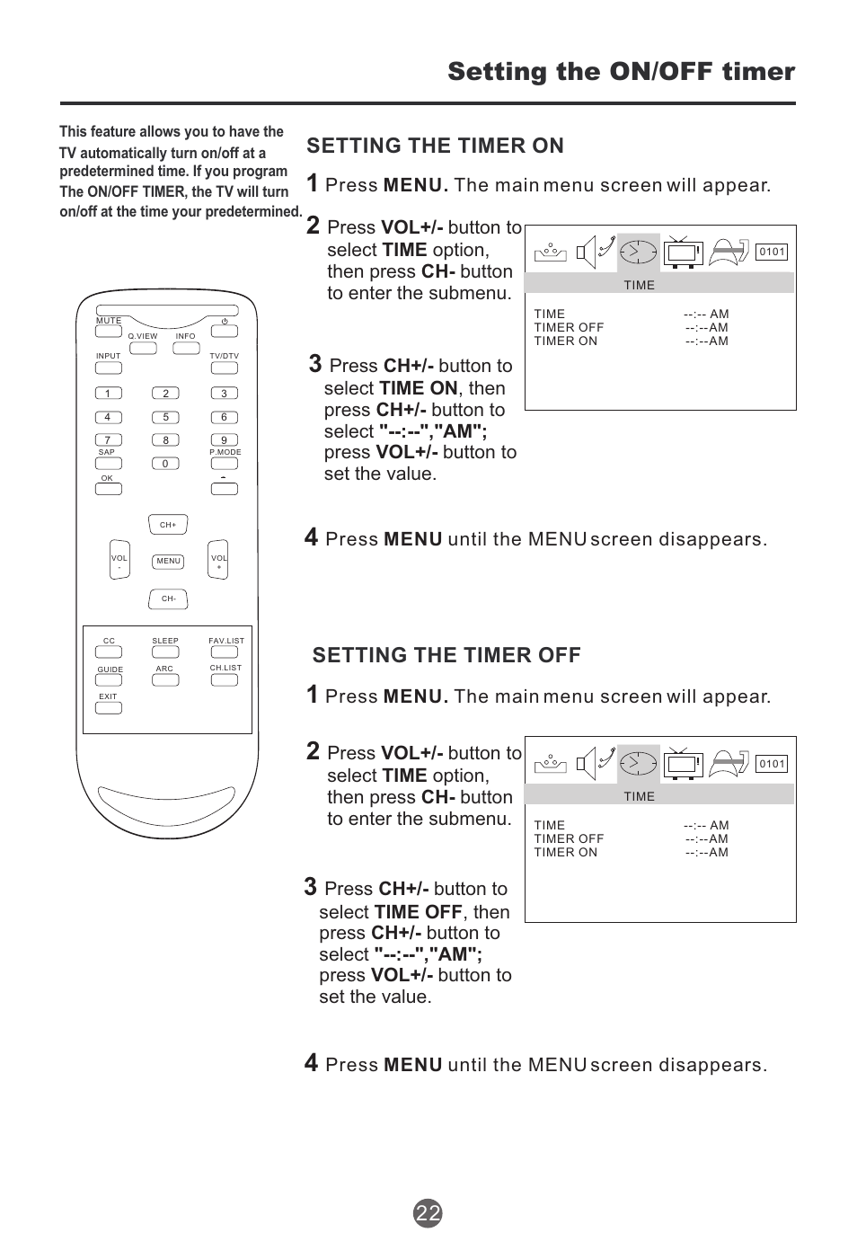 Setting the on/off timer, Setting the timer on 22, Setting the timer off | Press menu. the main menu screen will appear, Press menu until the menu screen disappears | haier HTR13 User Manual | Page 23 / 80