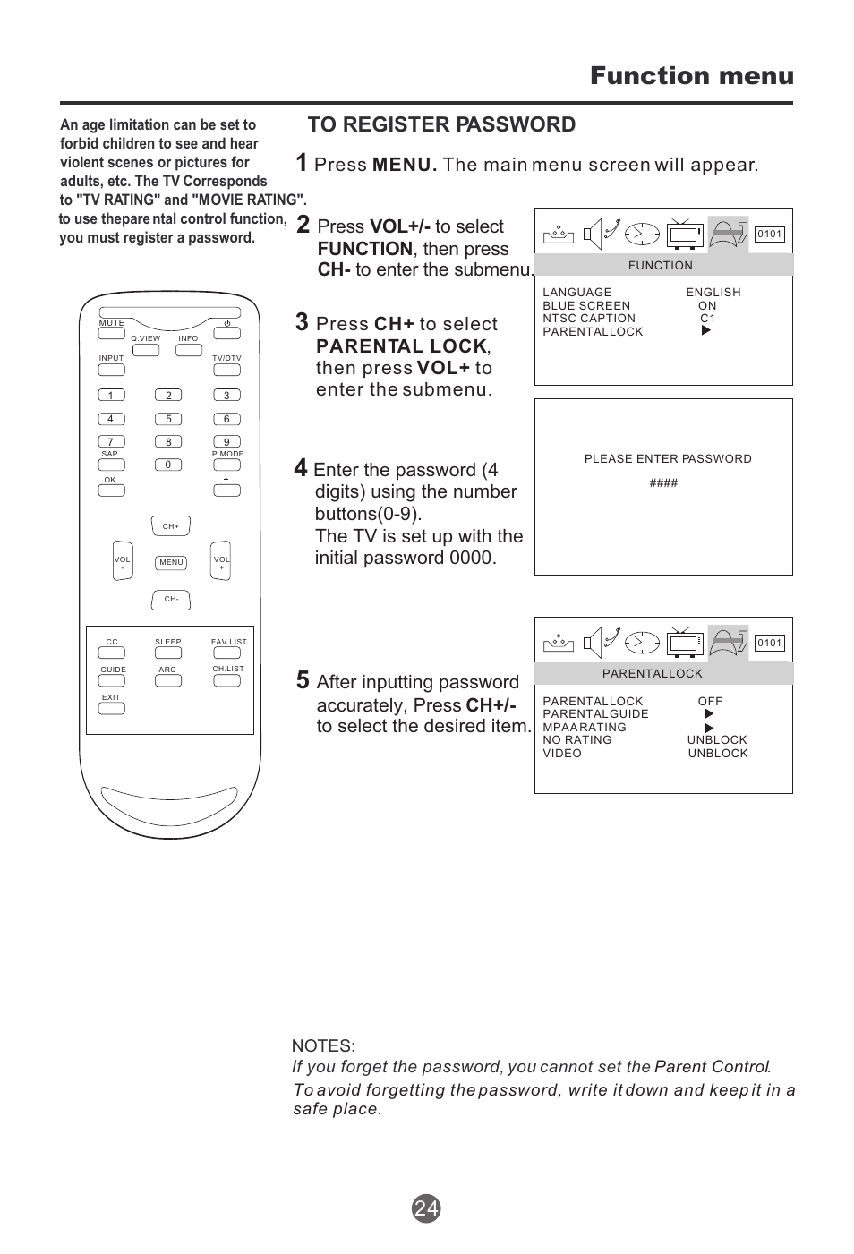 Function menu, Press menu. the main menu screen will appear, Cannot set the . parent control | haier HTR13 User Manual | Page 25 / 80