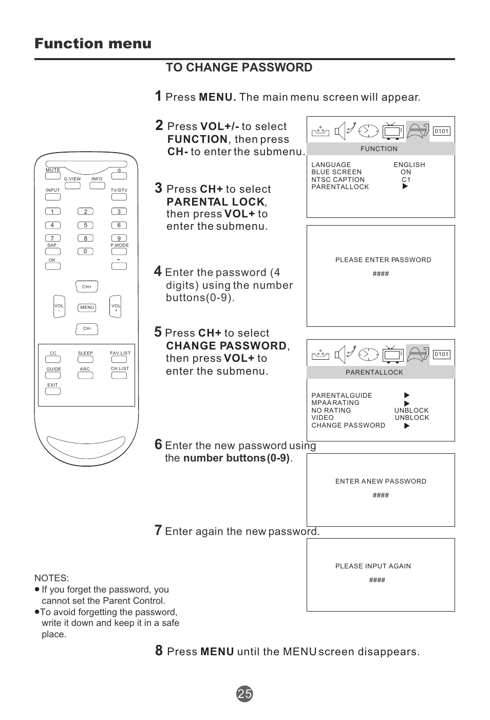 Function menu, Press menu until the menu screen disappears, Press menu. the main menu screen will appear | Enter again the new password | haier HTR13 User Manual | Page 26 / 80