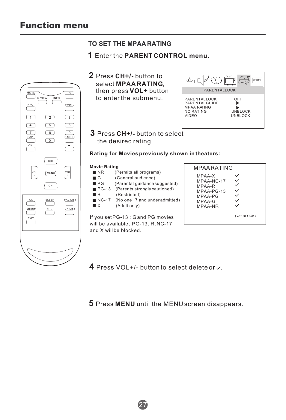 Function menu, Press ch+/- button to select the desired rating, Press menu until the menu screen disappears | Press vol+/- button to select delete or, Mpaa rating | haier HTR13 User Manual | Page 28 / 80