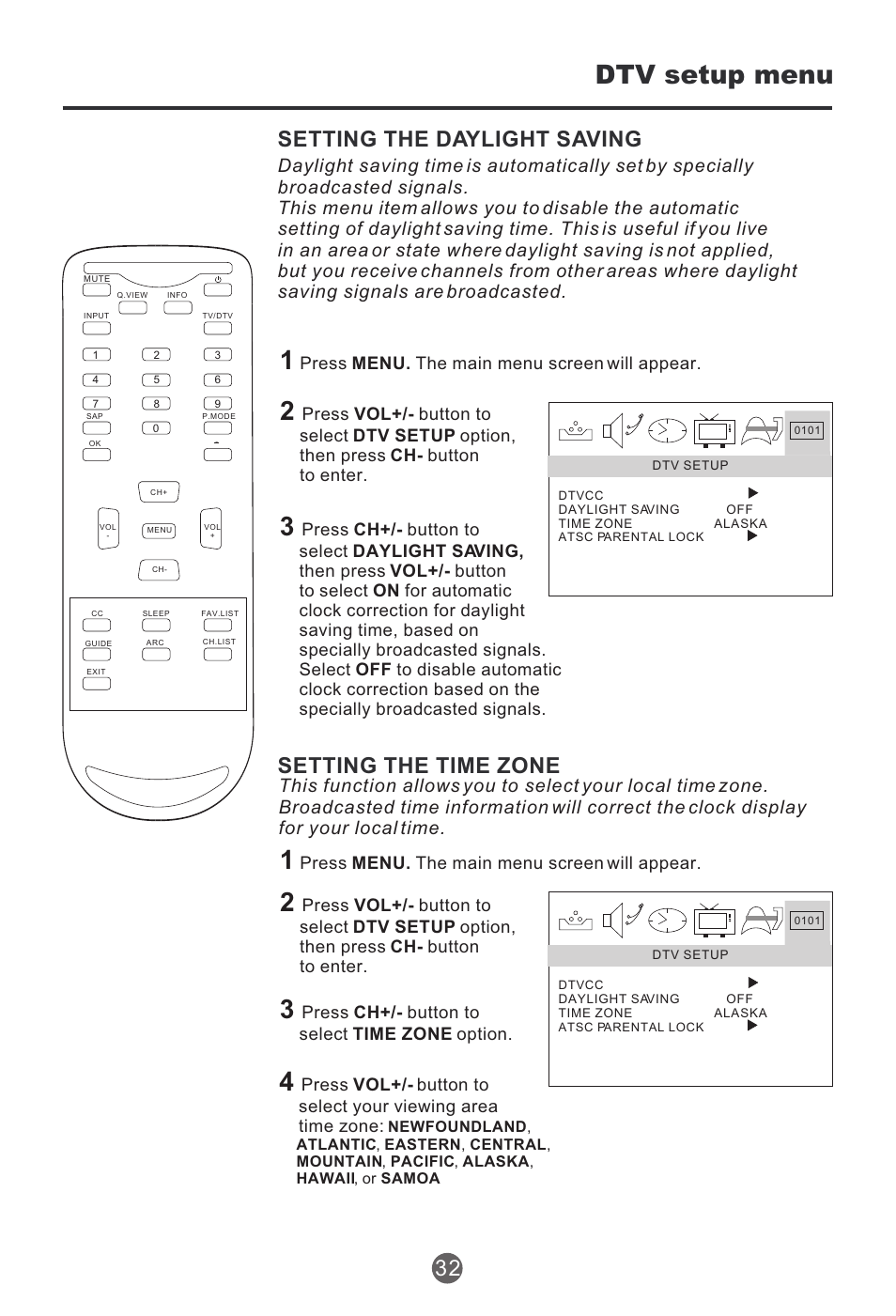 Dtv setup menu, Setting the daylight saving, Setting the time zone | haier HTR13 User Manual | Page 33 / 80