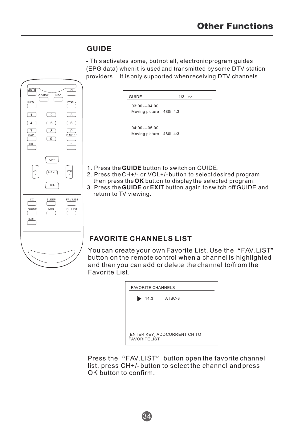 Other functions, Guide 34, Favorite channels list | haier HTR13 User Manual | Page 35 / 80