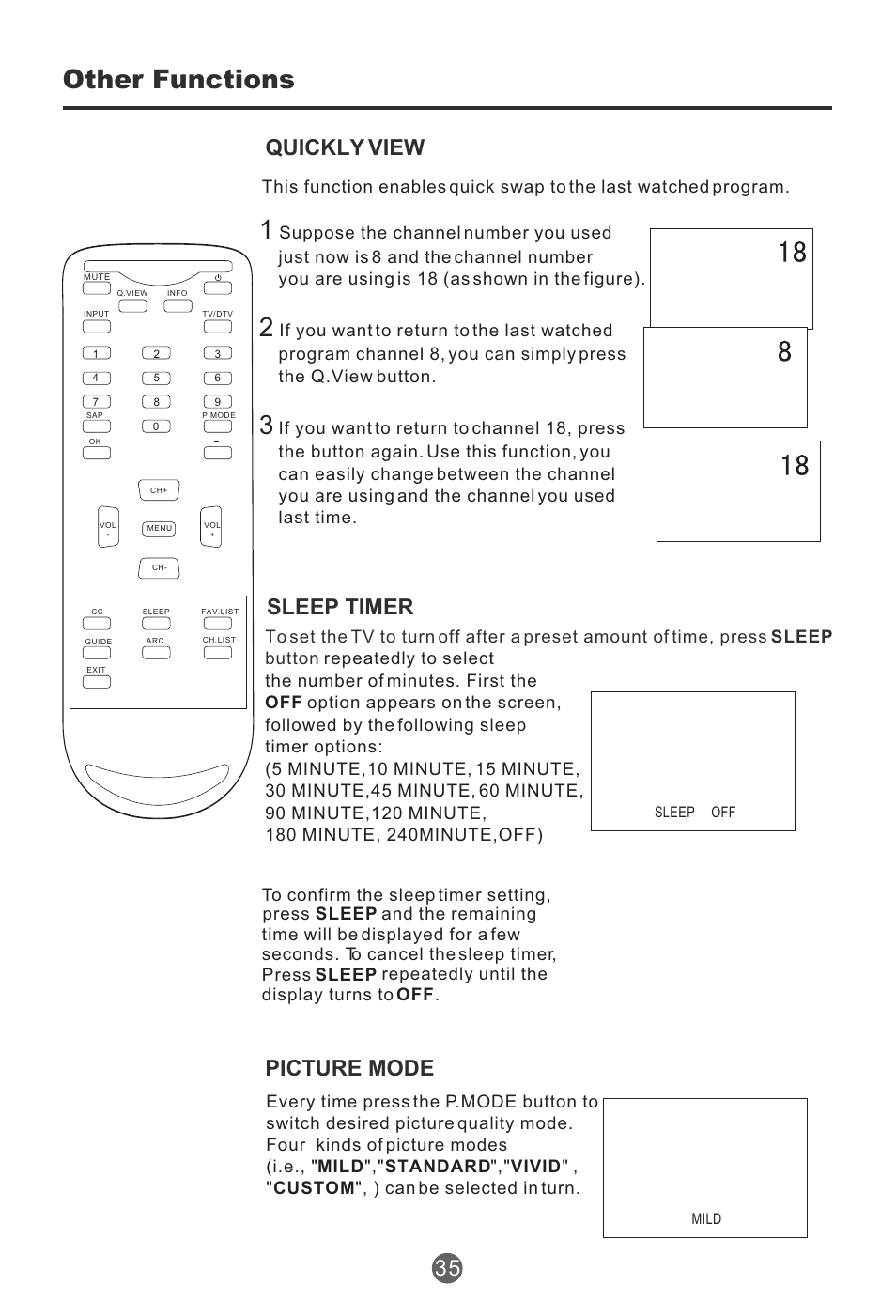 Other functions, Quickly view 35, Picture mode | Sleep timer, Sleep | haier HTR13 User Manual | Page 36 / 80