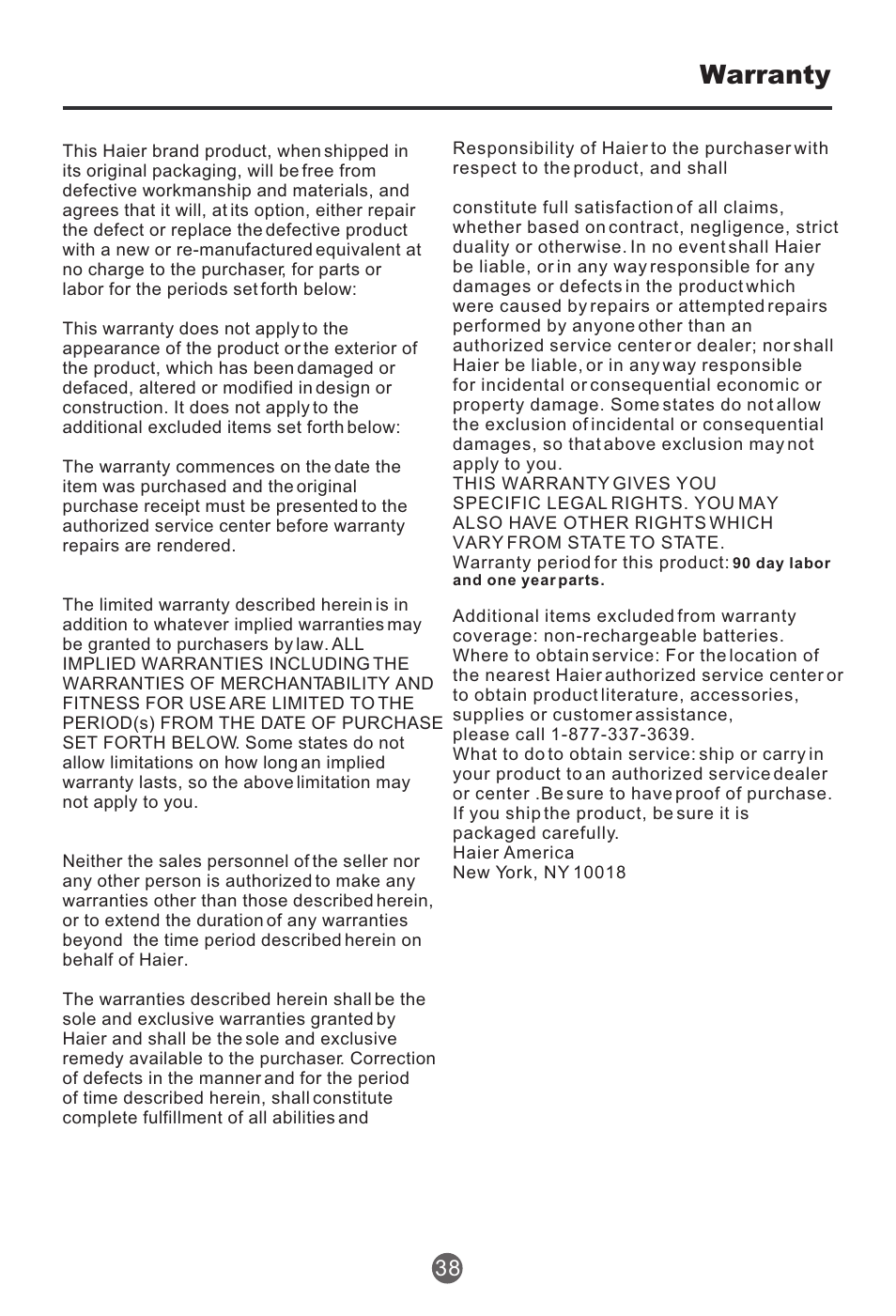 Warranty | haier HTR13 User Manual | Page 39 / 80