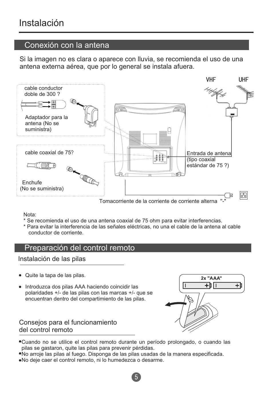Instalación, Conexión con la antena, Preparación del control remoto | haier HTR13 User Manual | Page 46 / 80