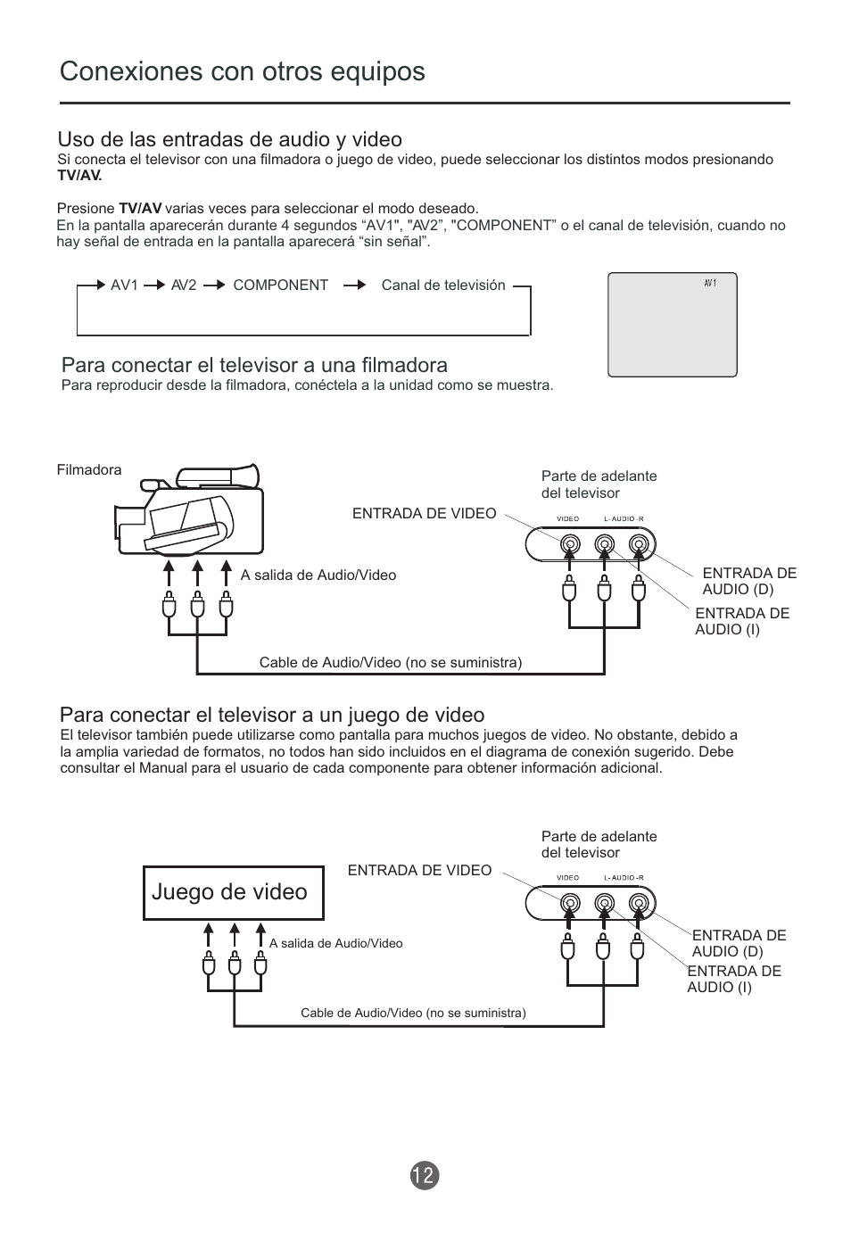 Conexiones con otros equipos, Juego de video, Uso de las entradas de audio y video | Para conectar el televisor a una filmadora, Para conectar el televisor a un juego de video | haier HTR13 User Manual | Page 53 / 80