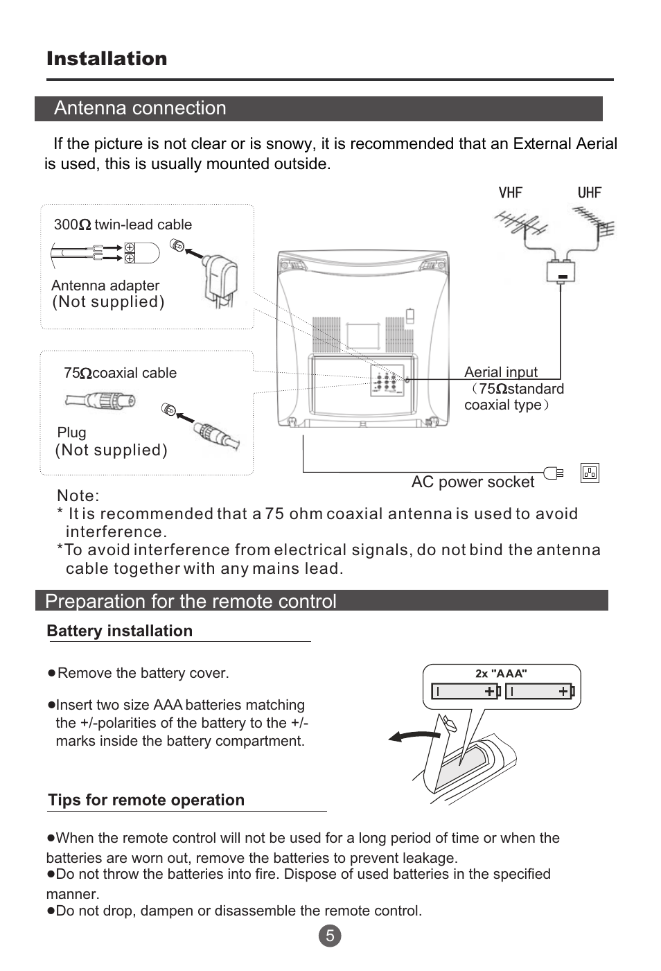 Installation preparation for the remote control, Antenna connection | haier HTR13 User Manual | Page 6 / 80