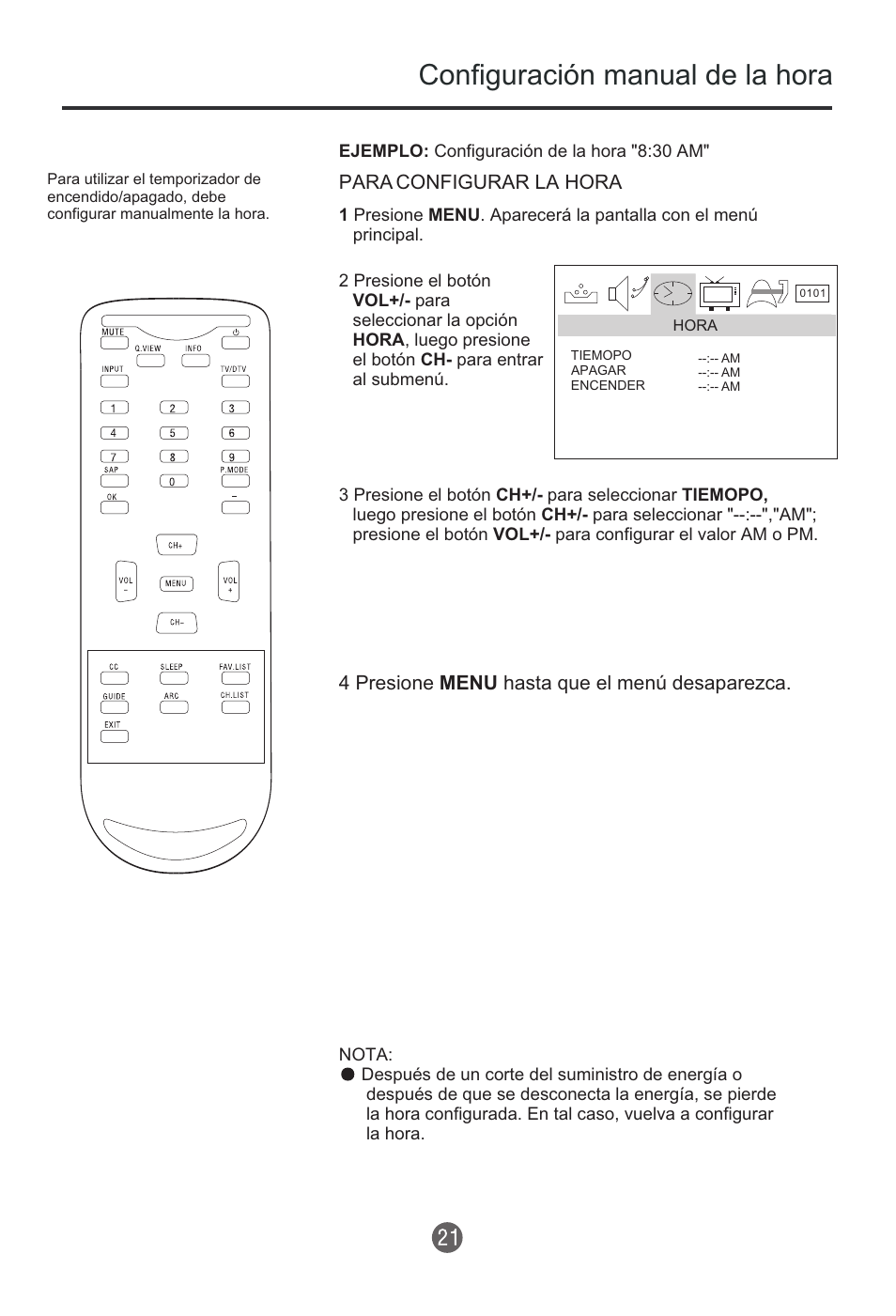 Configuración manual de la hora, Para configurar la hora, 4 presione menu hasta que el menú desaparezca | haier HTR13 User Manual | Page 62 / 80