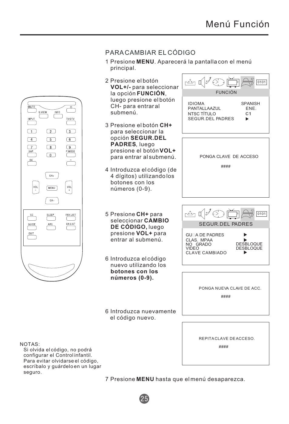 Menú función, Para cambiar el código | haier HTR13 User Manual | Page 66 / 80