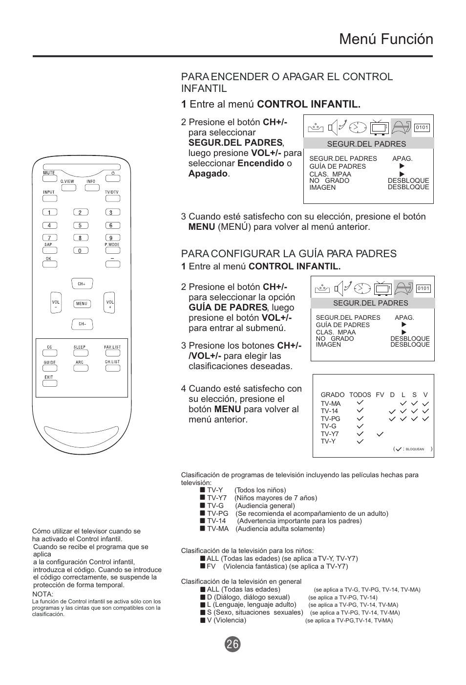 Menú función, Para configurar la guía para padres | haier HTR13 User Manual | Page 67 / 80