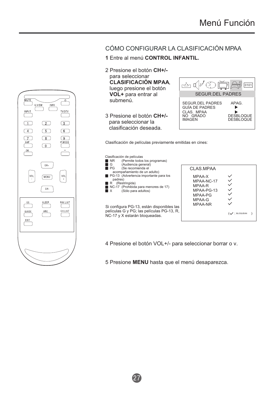 Menú función, Cómo configurar la clasificación mpaa | haier HTR13 User Manual | Page 68 / 80