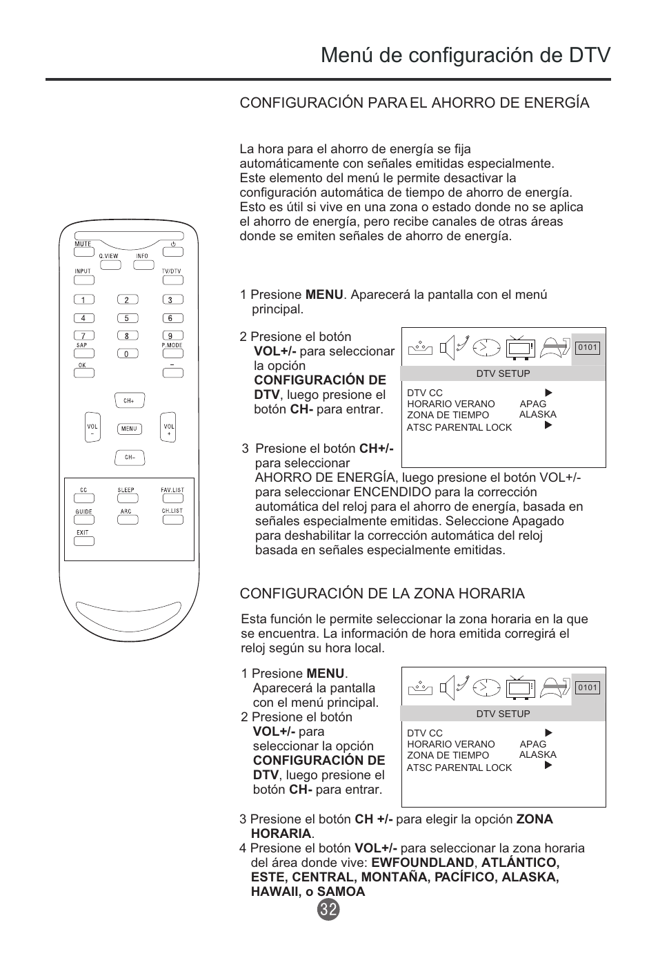 Menú de configuración de dtv, Configuración para el ahorro de energía, Configuración de la zona horaria | haier HTR13 User Manual | Page 73 / 80