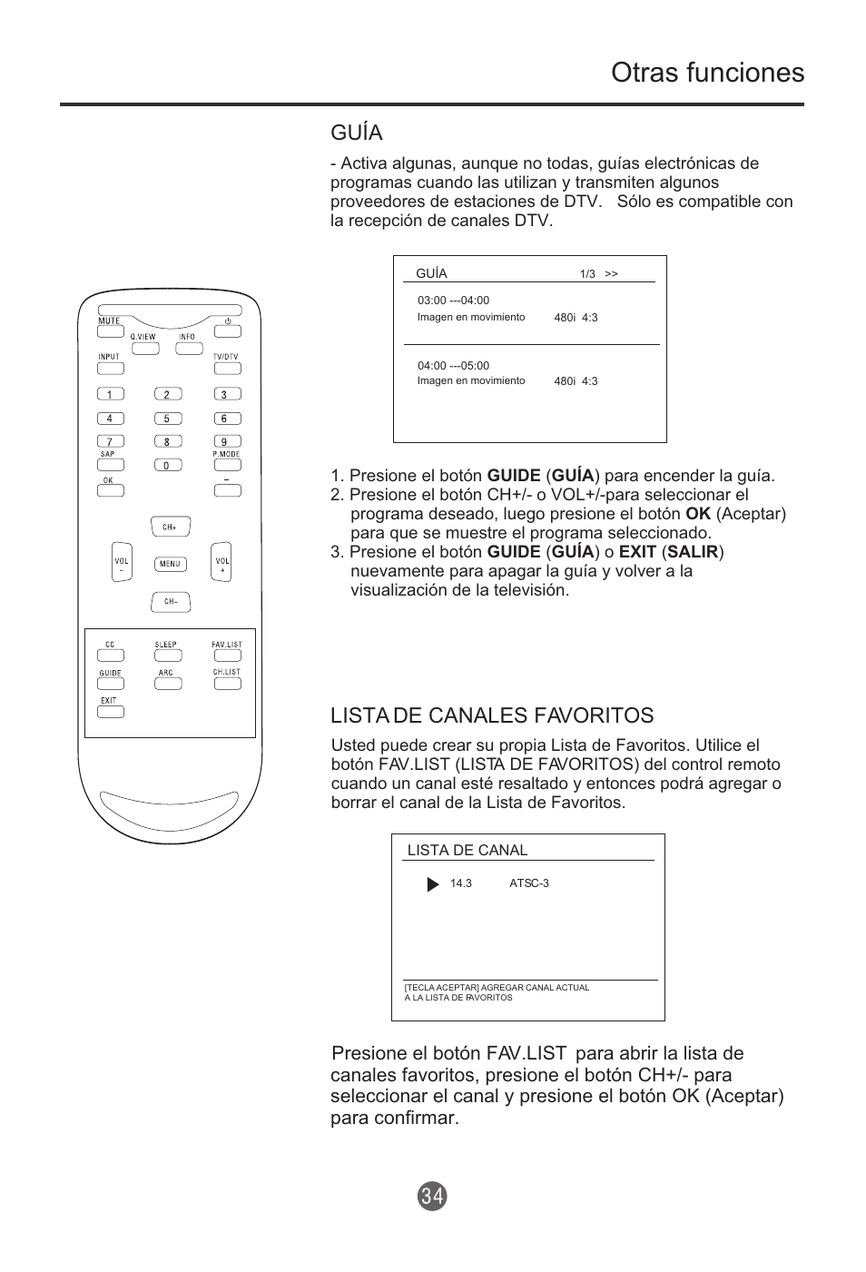 Otras funciones, Guía, Lista de canales favoritos | haier HTR13 User Manual | Page 75 / 80