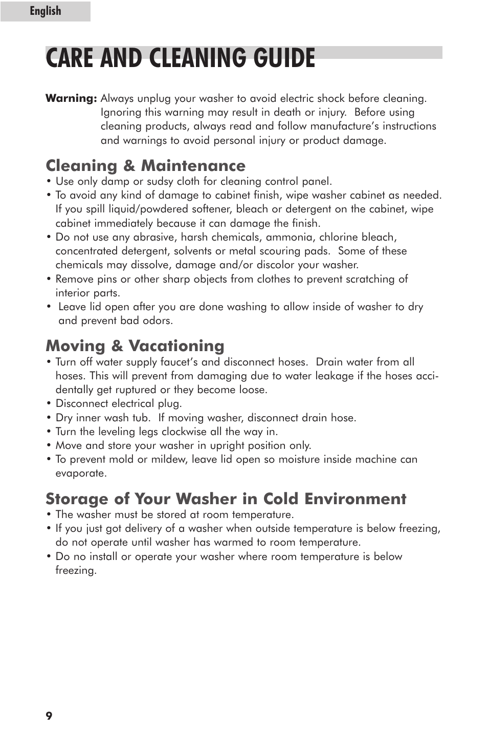 Care and cleaning guide, Cleaning & maintenance, Moving & vacationing | Storage of your washer in cold environment | haier HLT364XXQ User Manual | Page 10 / 52