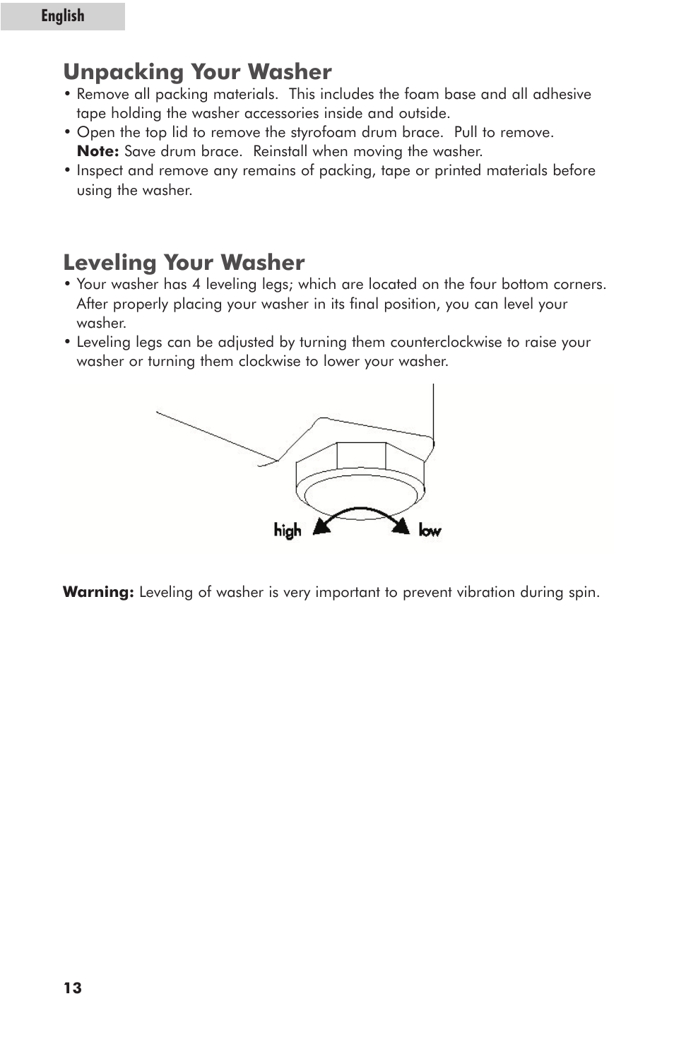 Unpacking your washer, Leveling your washer | haier HLT364XXQ User Manual | Page 14 / 52