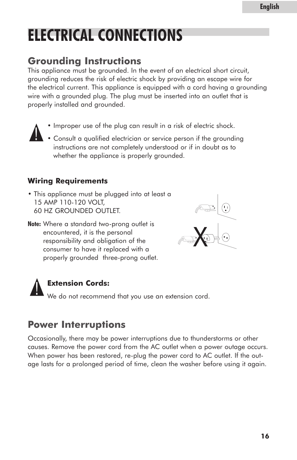 Electrical connections, Grounding instructions, Power interruptions | haier HLT364XXQ User Manual | Page 17 / 52