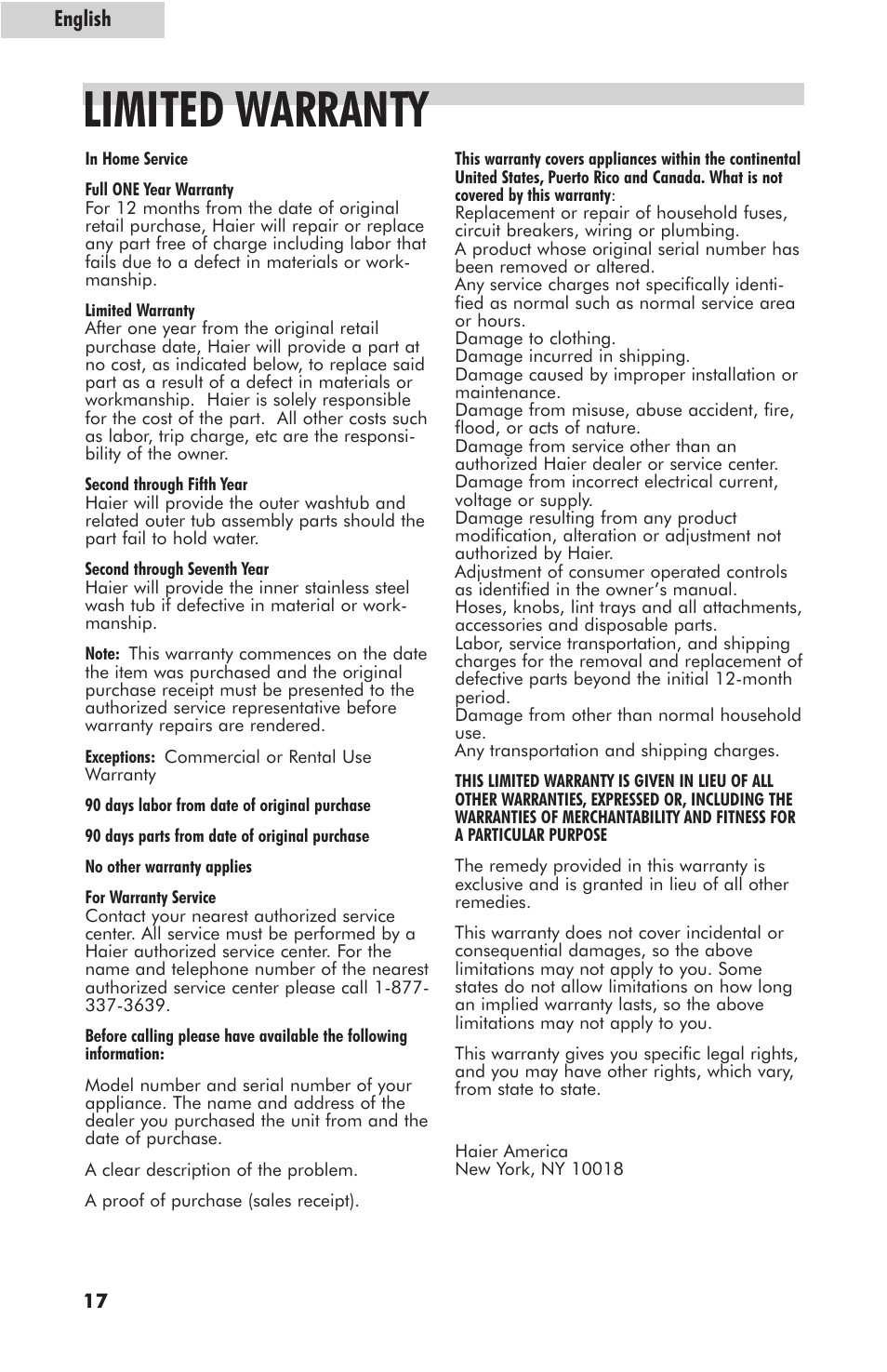 Limited warranty | haier HLT364XXQ User Manual | Page 18 / 52