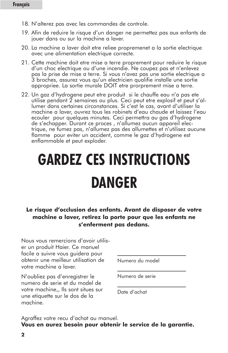 Gardez ces instructions danger | haier HLT364XXQ User Manual | Page 20 / 52