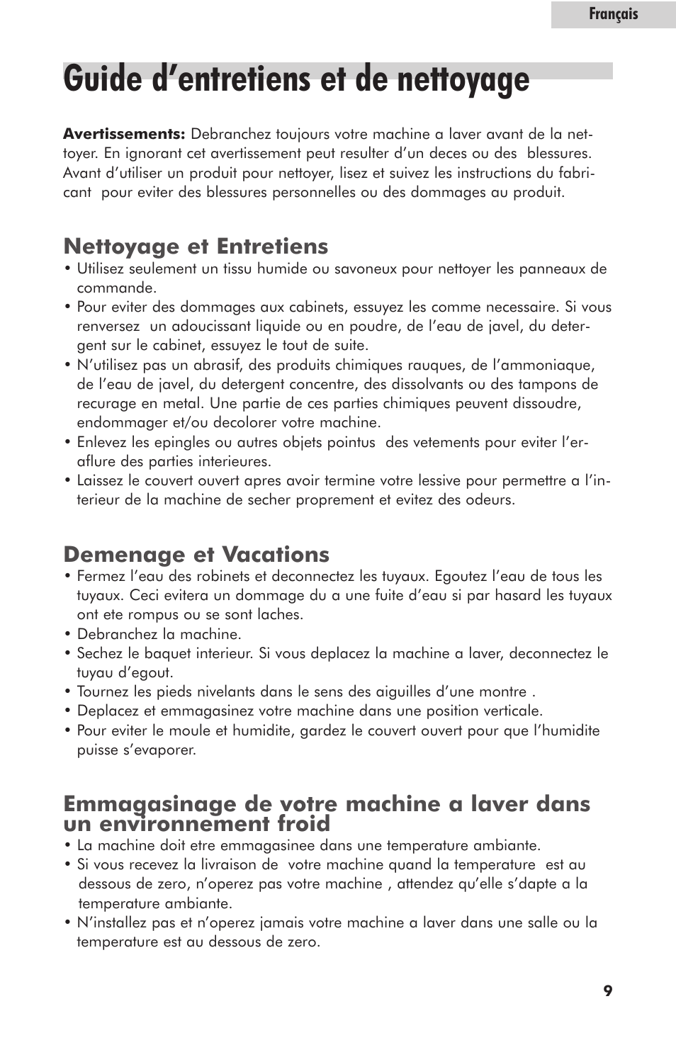 Guide d’entretiens et de nettoyage, Nettoyage et entretiens, Demenage et vacations | haier HLT364XXQ User Manual | Page 27 / 52