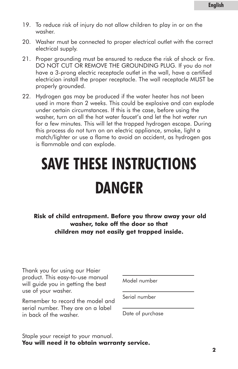 Save these instructions danger | haier HLT364XXQ User Manual | Page 3 / 52