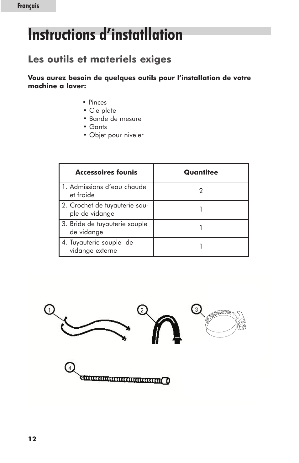 Instructions d’instatllation, Les outils et materiels exiges | haier HLT364XXQ User Manual | Page 30 / 52