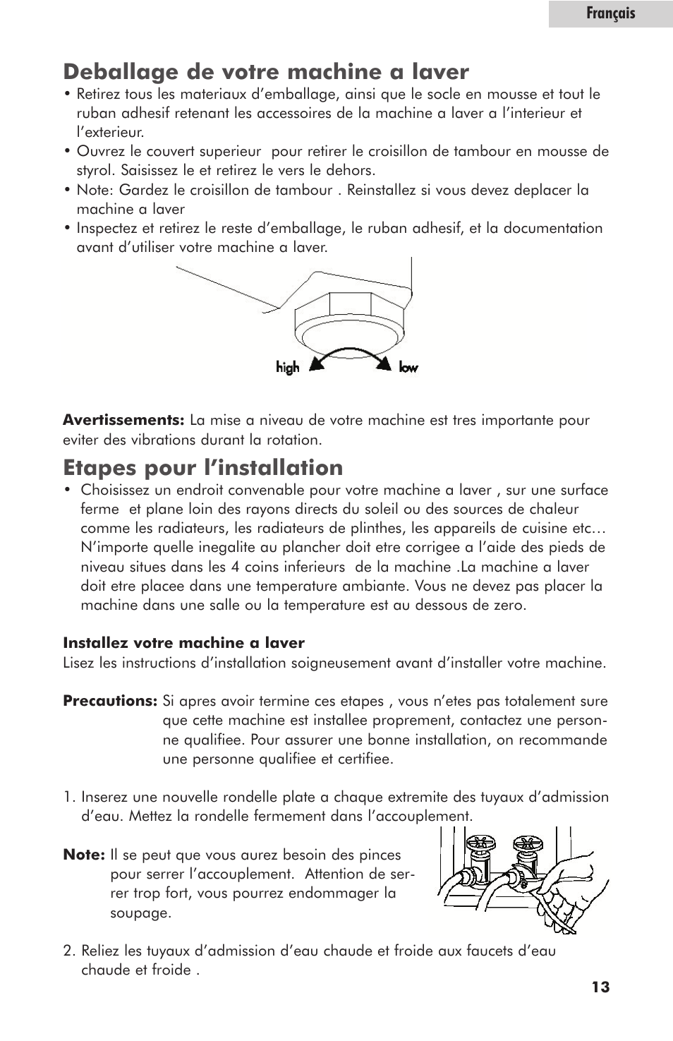 Deballage de votre machine a laver, Etapes pour l’installation | haier HLT364XXQ User Manual | Page 31 / 52
