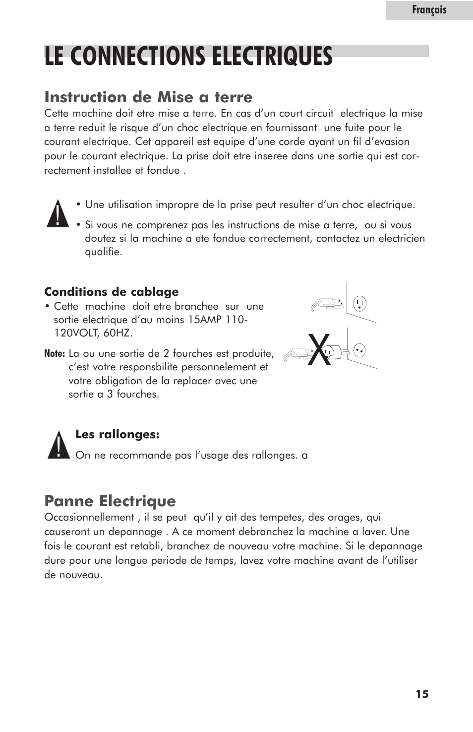 Le connections electriques, Instruction de mise a terre, Panne electrique | haier HLT364XXQ User Manual | Page 33 / 52