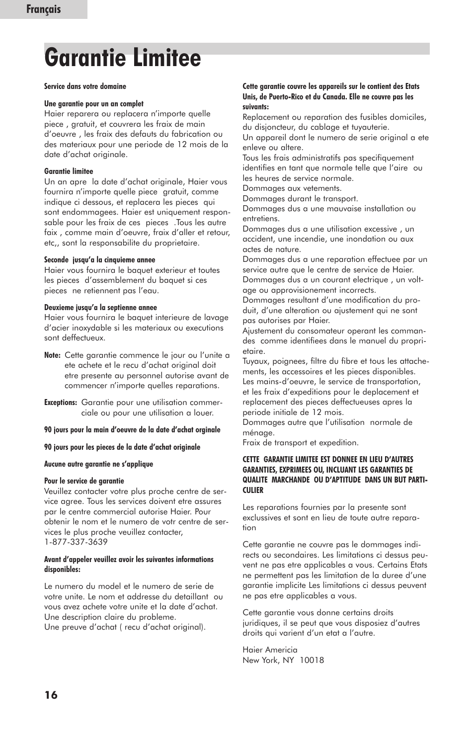 Garantie limitee, Français | haier HLT364XXQ User Manual | Page 34 / 52
