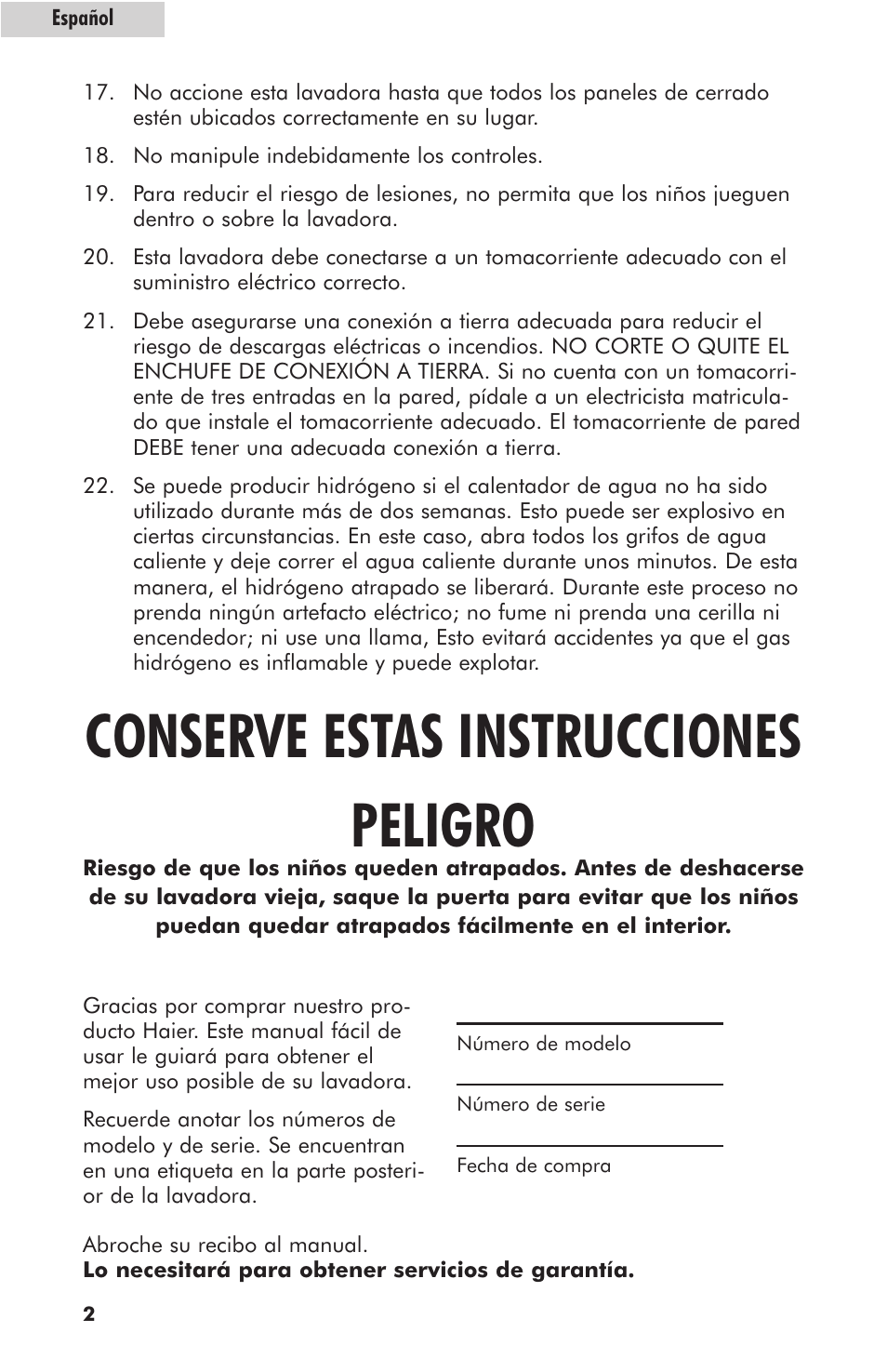 Conserve estas instrucciones peligro | haier HLT364XXQ User Manual | Page 36 / 52