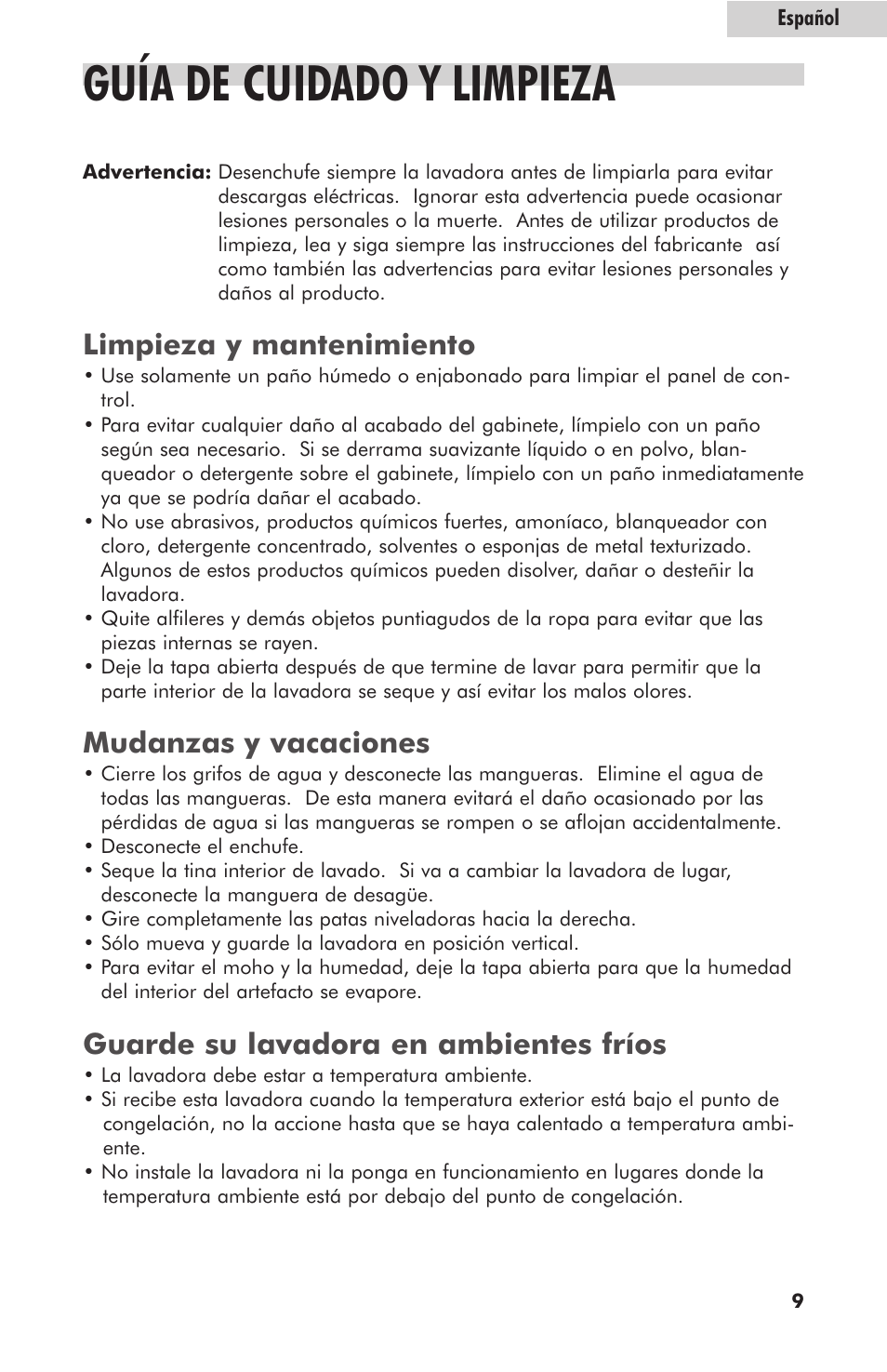 Guía de cuidado y limpieza, Limpieza y mantenimiento, Mudanzas y vacaciones | Guarde su lavadora en ambientes fríos | haier HLT364XXQ User Manual | Page 43 / 52