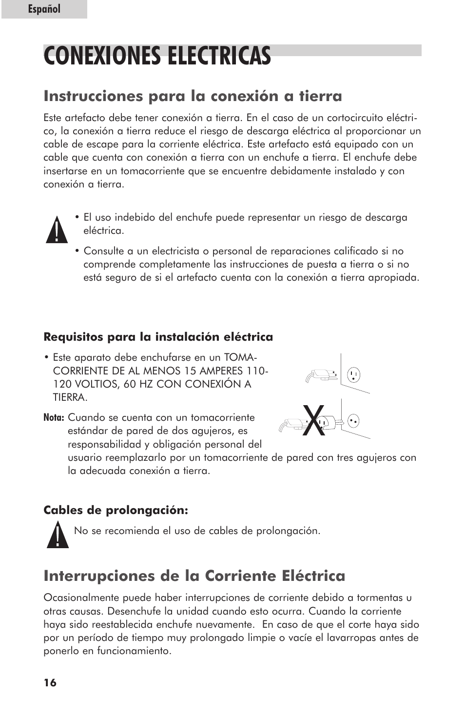 Conexiones electricas, Instrucciones para la conexión a tierra, Interrupciones de la corriente eléctrica | haier HLT364XXQ User Manual | Page 50 / 52