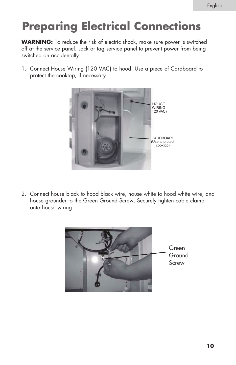 Preparing electrical connections, Green ground screw | haier 3000 User Manual | Page 11 / 56