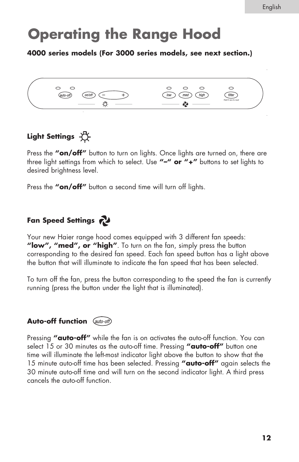 Operating the range hood | haier 3000 User Manual | Page 13 / 56