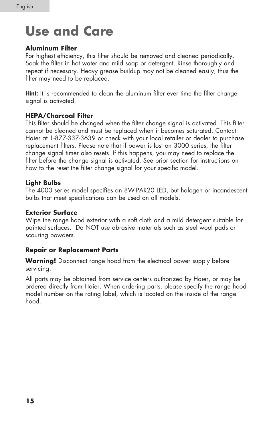 Use and care | haier 3000 User Manual | Page 16 / 56