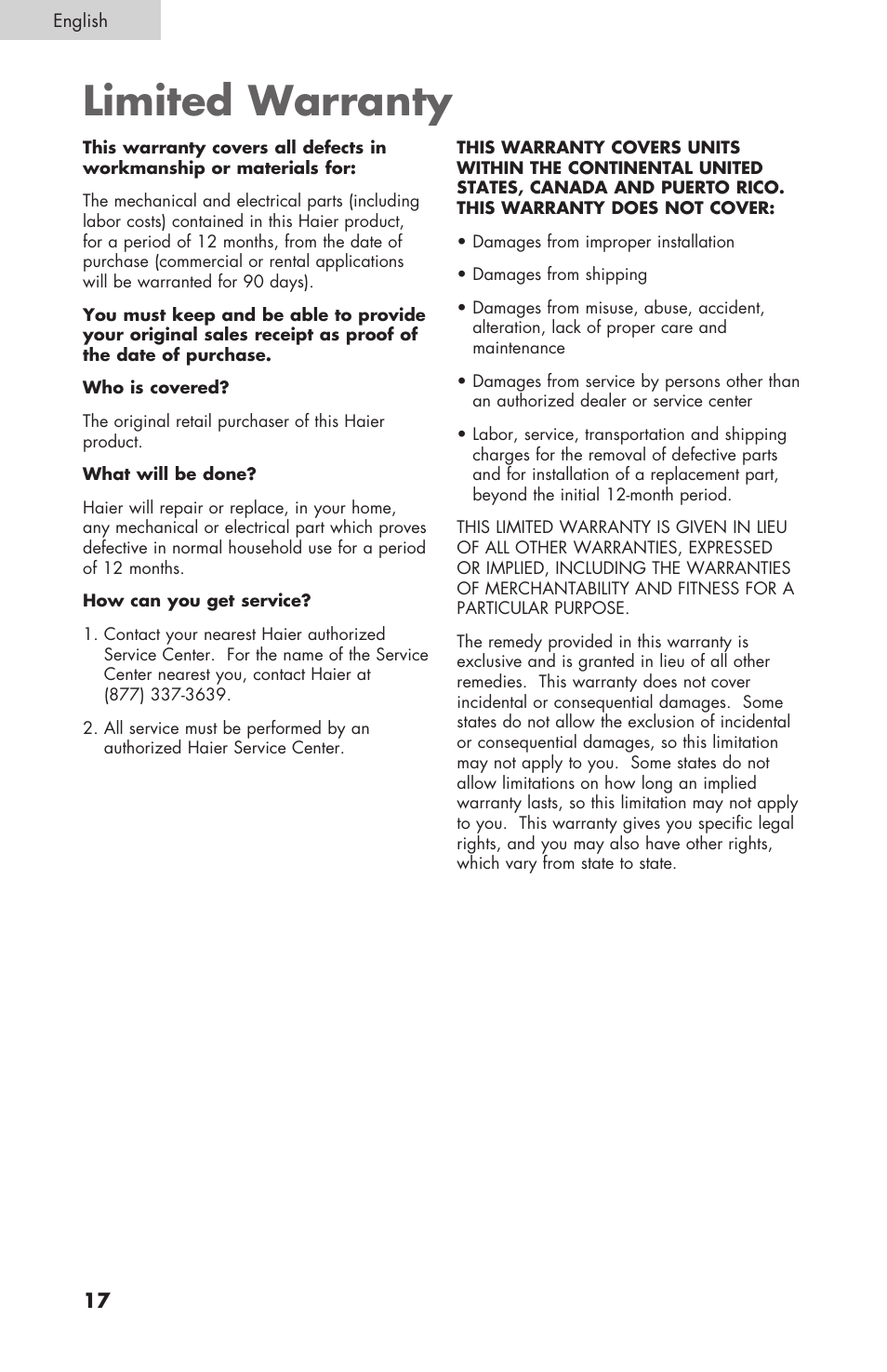Limited warranty | haier 3000 User Manual | Page 18 / 56