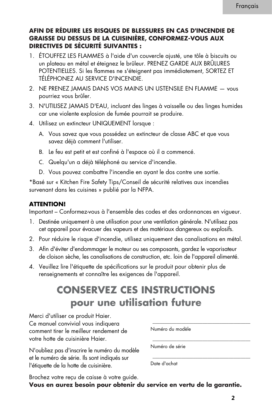 Conservez ces instructions, Pour une utilisation future | haier 3000 User Manual | Page 21 / 56