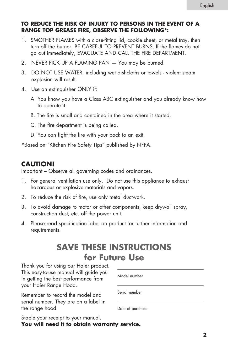Save these instructions for future use, Caution | haier 3000 User Manual | Page 3 / 56