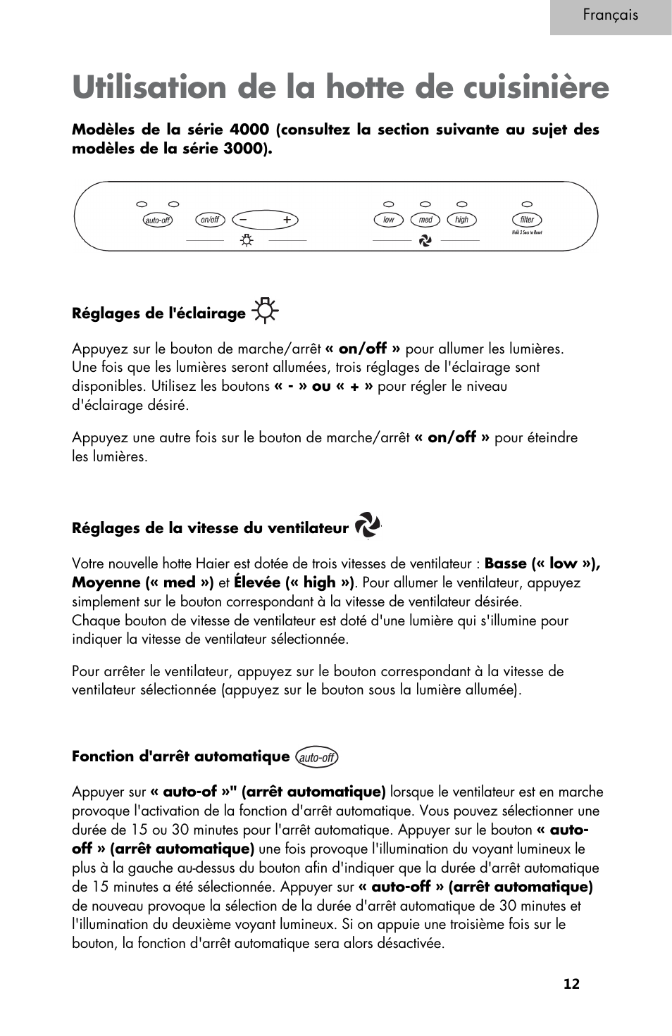Utilisation de la hotte de cuisinière | haier 3000 User Manual | Page 31 / 56