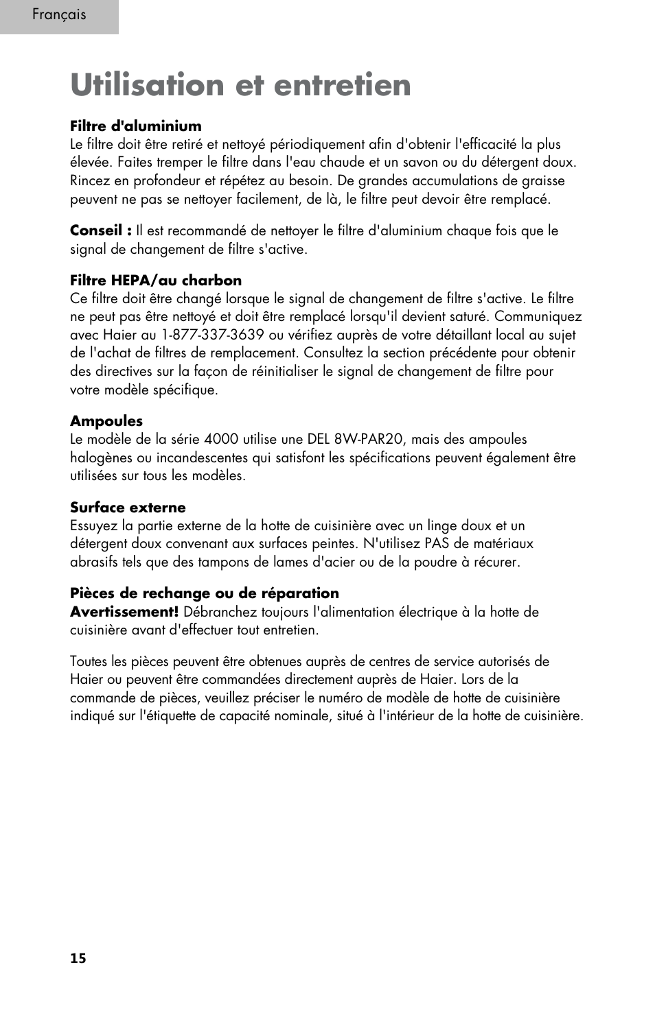 Utilisation et entretien | haier 3000 User Manual | Page 34 / 56