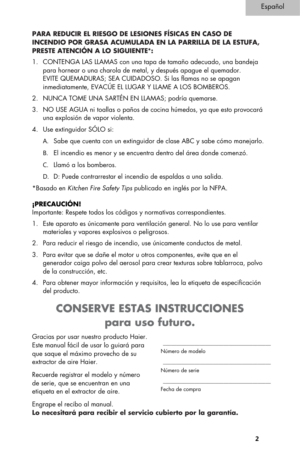 Conserve estas instrucciones para uso futuro | haier 3000 User Manual | Page 39 / 56