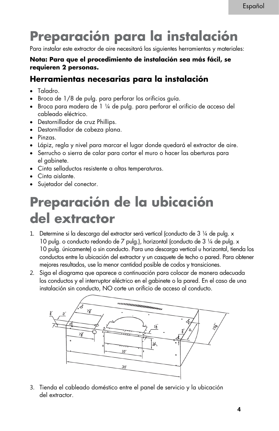 Preparación para la instalación, Preparación de la ubicación del extractor, Herramientas necesarias para la instalación | haier 3000 User Manual | Page 41 / 56