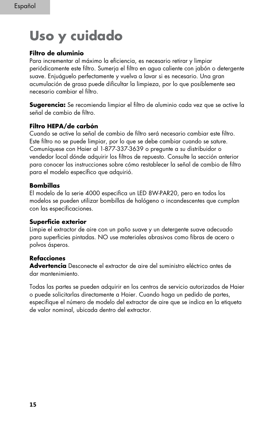 Uso y cuidado | haier 3000 User Manual | Page 52 / 56