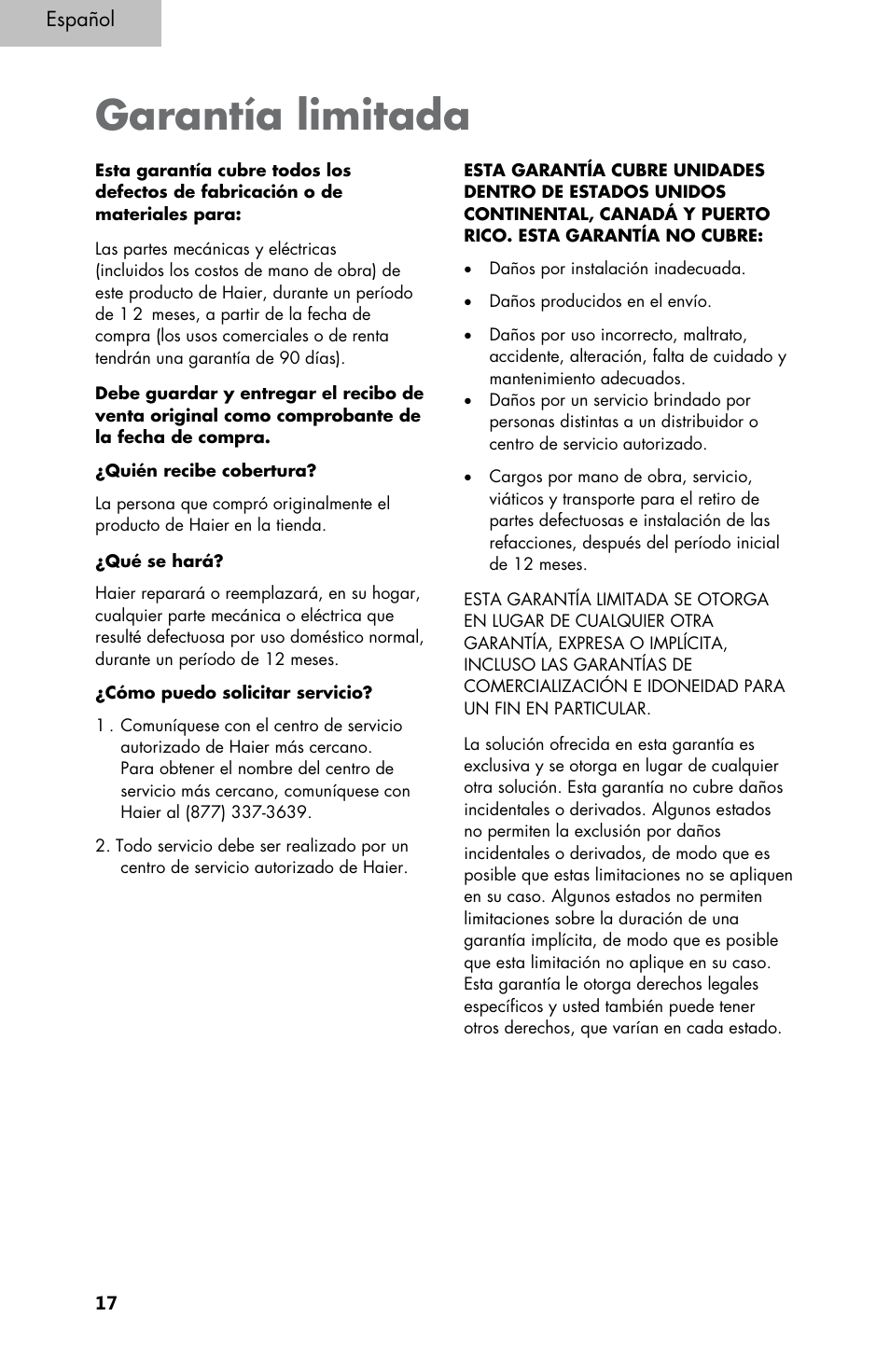 Garantía limitada | haier 3000 User Manual | Page 54 / 56